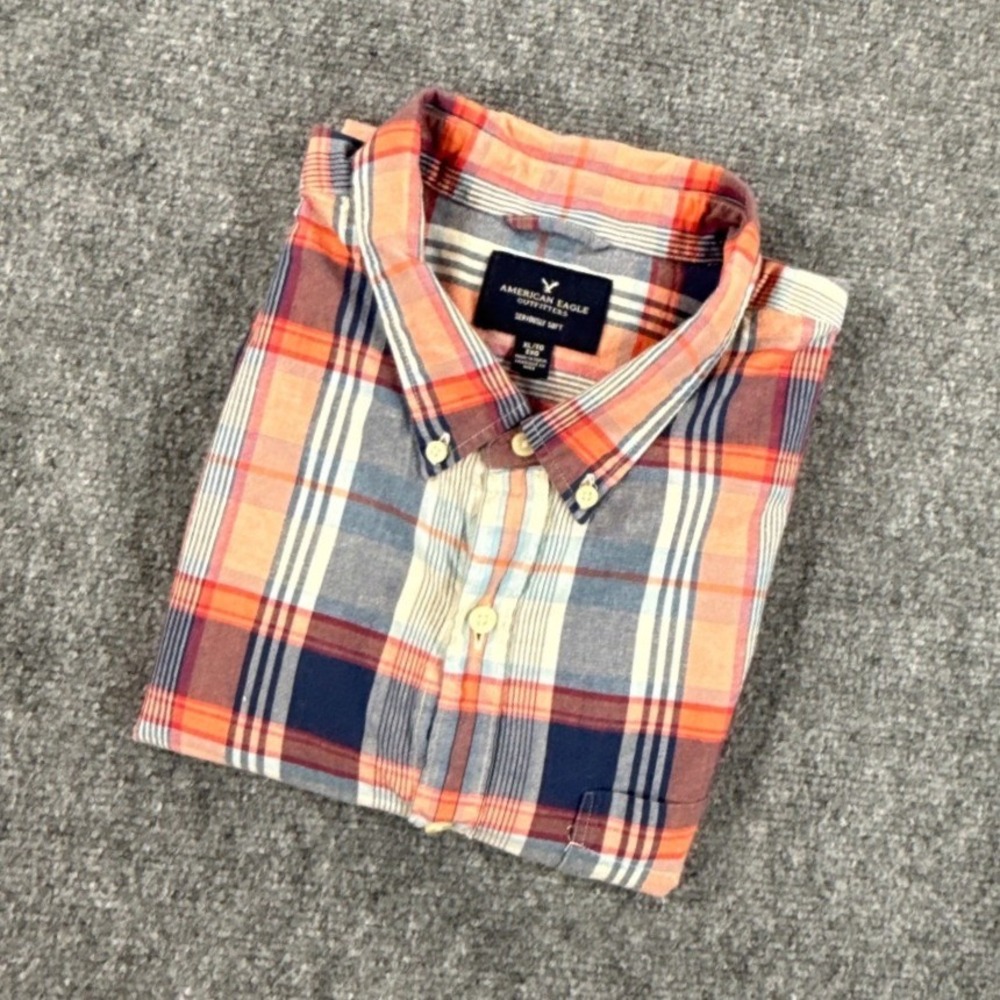 American Eagle Seriously Soft Shirt Mens XL Red Blue Plaid Short Sleeve Cotton